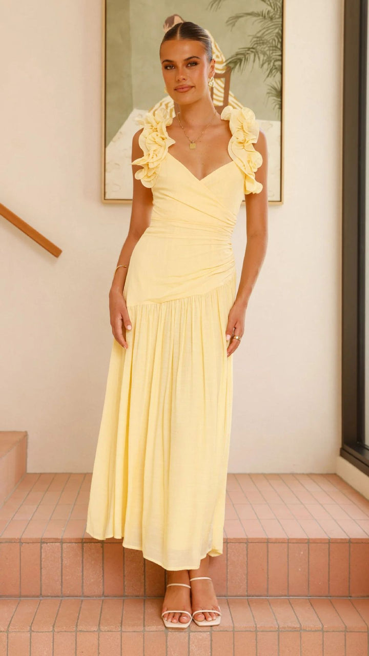 Robe maxi fluide pour femme avec volants volumineux et décolleté en V Levoire