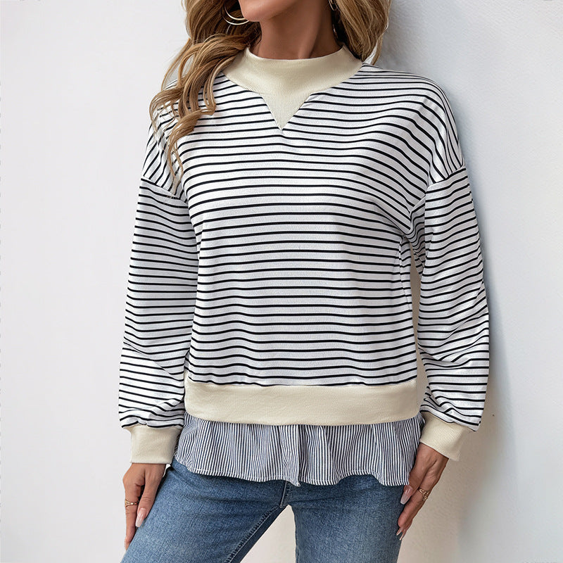 Sweat-shirt tendance pour femmes avec motif de rayures asymétriques et finition à volants Levoire