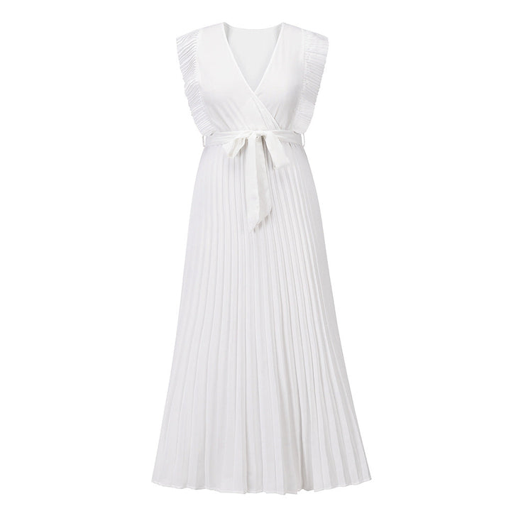 Levoire | Robe élégante de plage slim sexy avec manches à volants en chiffon de couleur unie Blanc