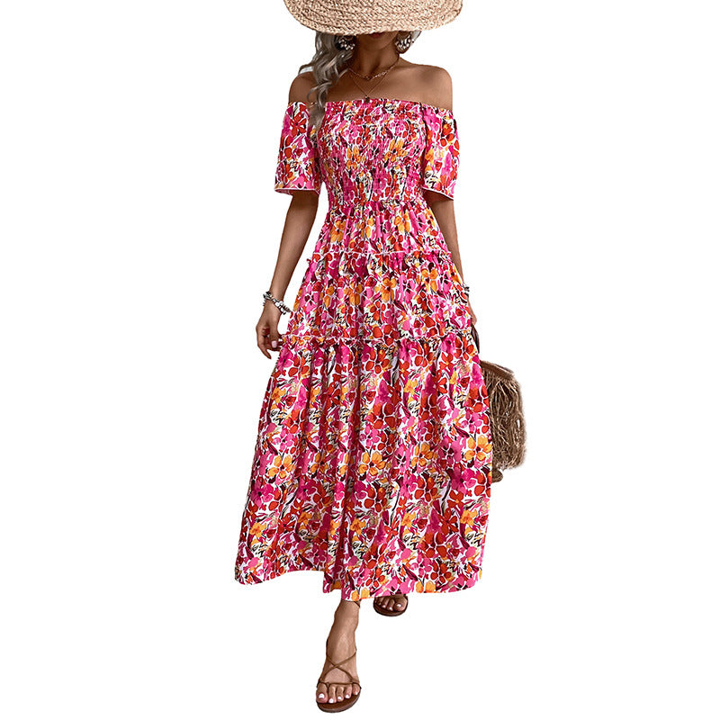 Robe maxi décolletée pour femmes avec motif floral et détails en volants Levoire