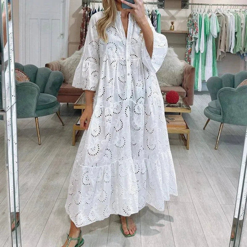 Levoire | Robe longue à décolleté en V pour femmes de style français Blanc