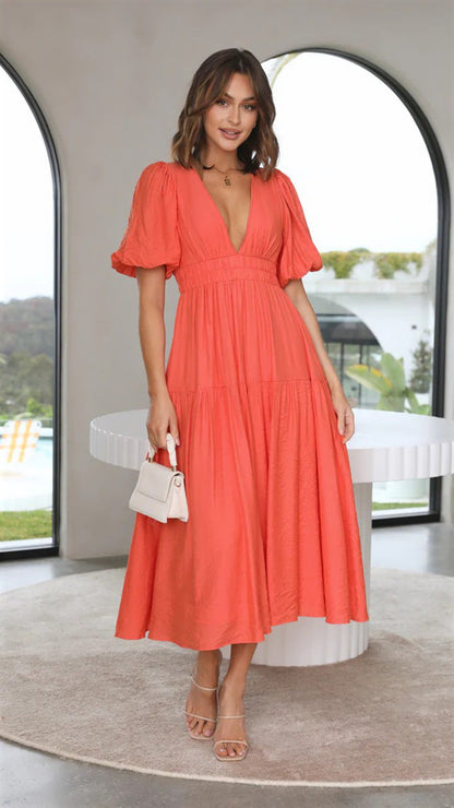 Levoire | Robe Avec Décolleté En V Et Manches Bouffantes Orange