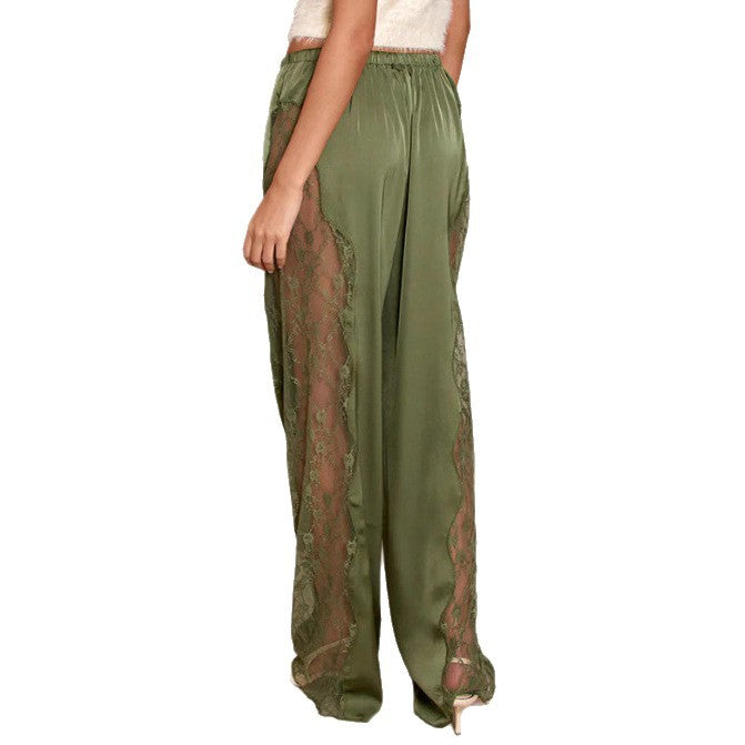 Pantalons en satin élégants pour femmes avec des inserts en dentelle et des découpes latérales Levoire