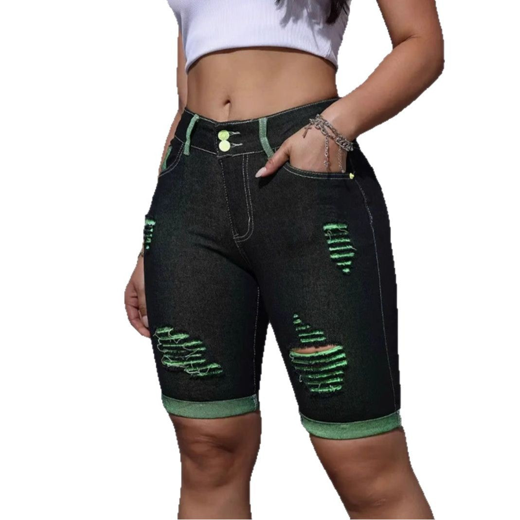 Shorts en denim déchirés pour femmes avec taille haute et accents néon Levoire