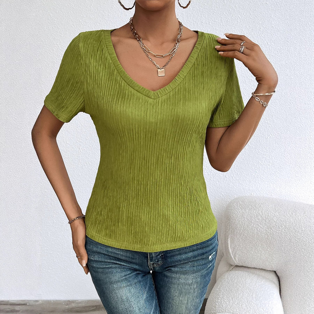Chemisier Femme à Col V à Manches Courtes avec Structure en Fines Côtes Levoire