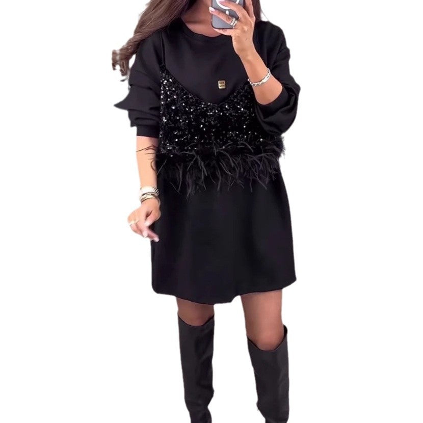 Robe de sweat à la mode pour femmes avec des détails en sequins et plumes Levoire