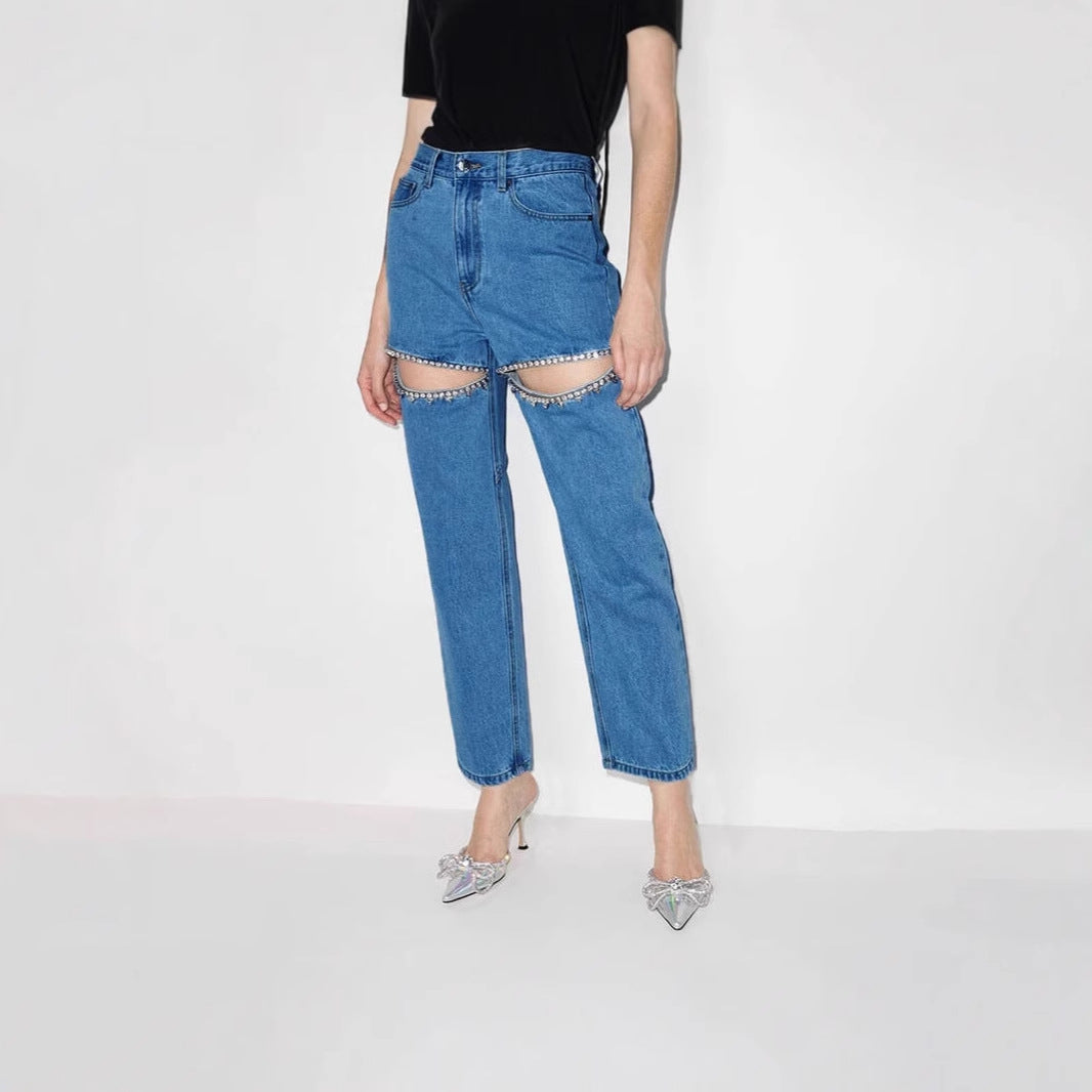 Jeans pour femmes designers détruits avec applications brillantes Levoire