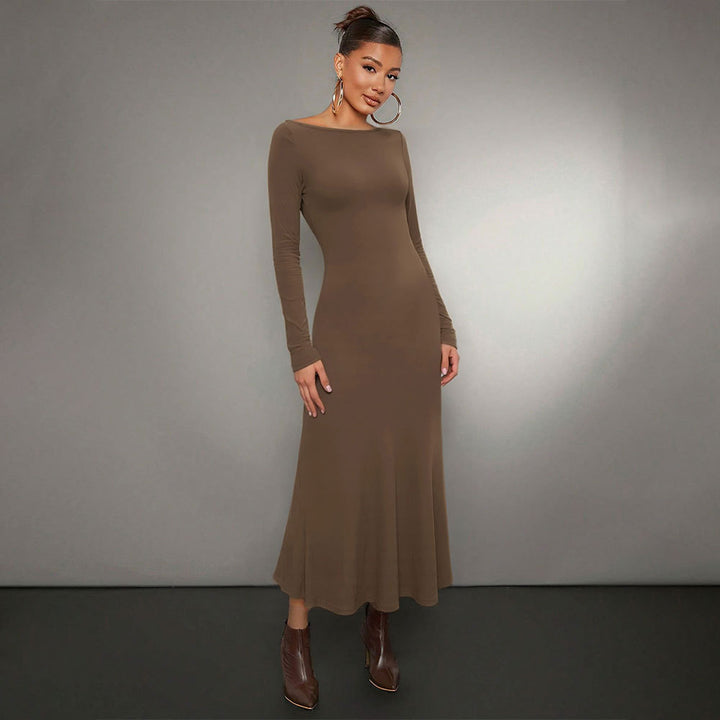 Robe midi à manches longues pour femmes avec encolure ronde élégante et ourlet volant Levoire