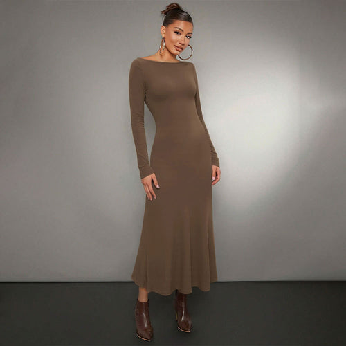 Robe midi à manches longues pour femmes avec encolure ronde élégante et ourlet volant Levoire