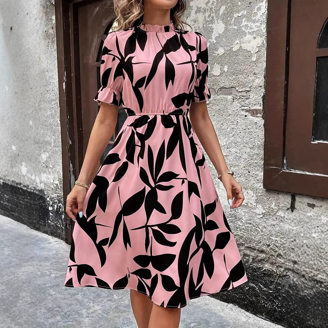 Robe midi élégante pour femmes avec motif de plantes stylé et taille élastique Levoire