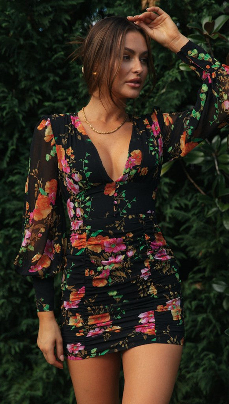 Robe mini ajustée pour femmes avec design floral et détails volants Levoire