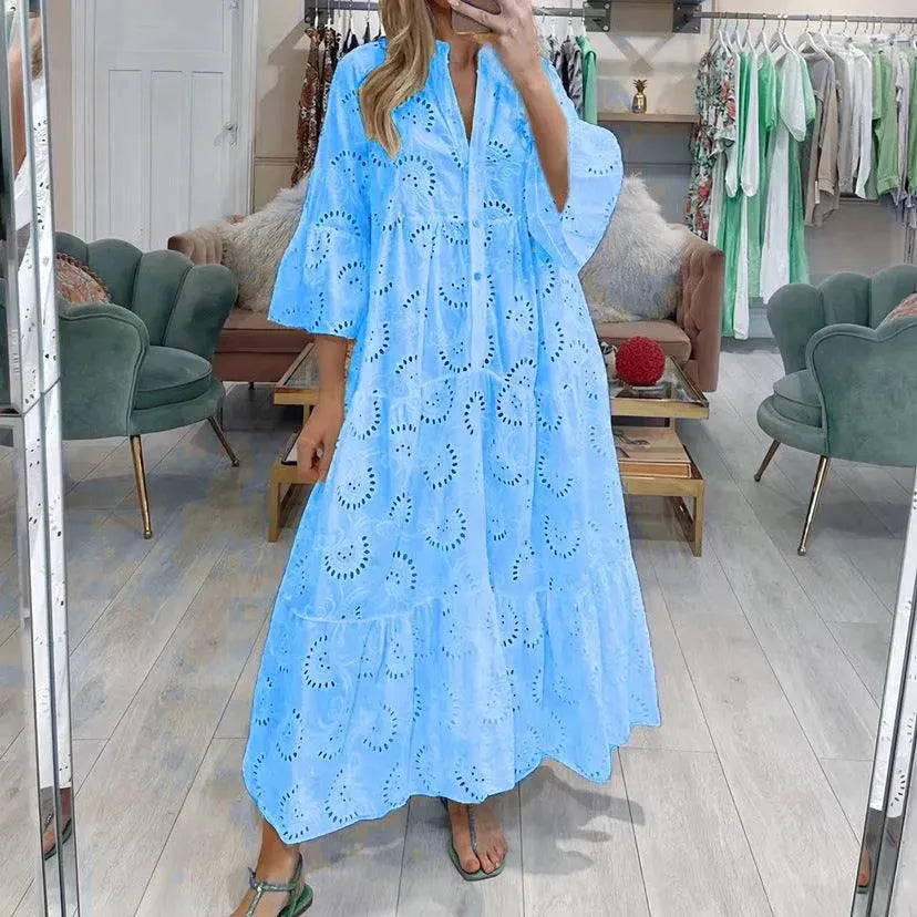 Levoire | Robe longue à décolleté en V pour femmes de style français Bleu
