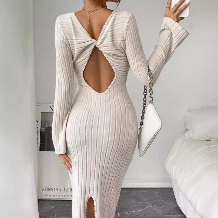 Robe en tricot à manches longues pour femme avec une silhouette près du corps et un col rond chic Levoire