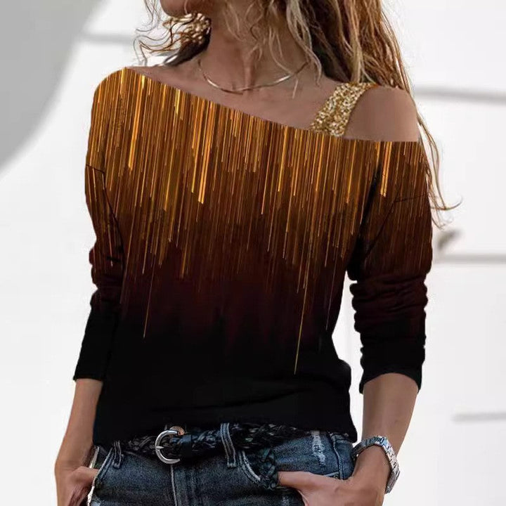 Levoire | T-shirt off-shoulder à imprimé marbré tendance à manches mi-longues A6