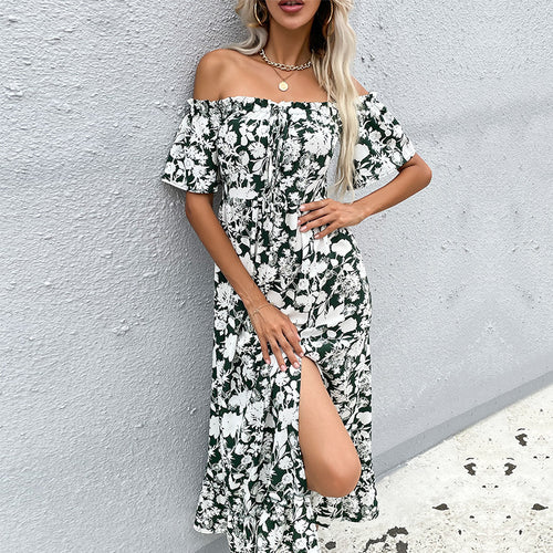 Robe maxi femme à épaules dénudées avec motif floral et fente ludique Levoire