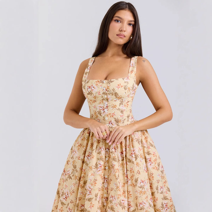 Robe Midi Femme avec Motif Floral Élégant et Fines Bretelles Levoire