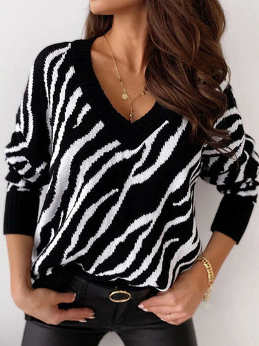 Pull pour femmes en tricot avec décolleté en V profond et motif zèbre Levoire
