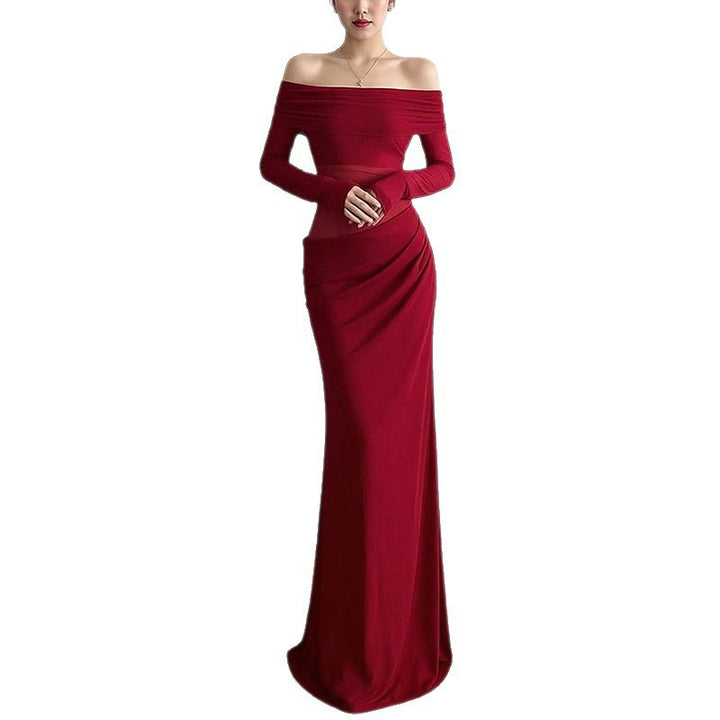 Robe maxi élégante pour femme à épaules découvertes avec détails en volants et manches longues Levoire