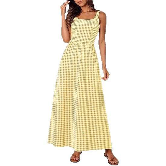 Robe maxi femme à motif à carreaux classique avec bretelles réglables et taille élastique Levoire