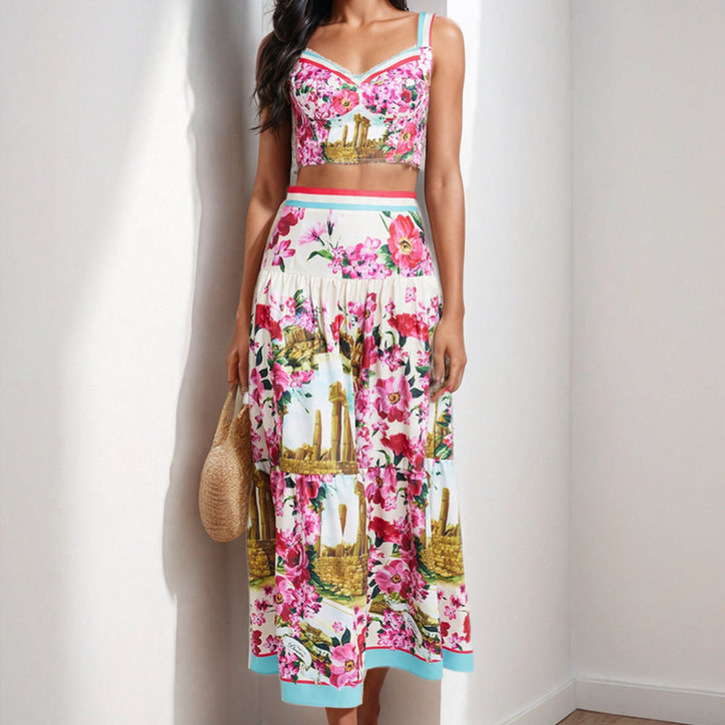 Ensemble floral à deux pièces pour femmes avec détails en dentelle et volants Levoire