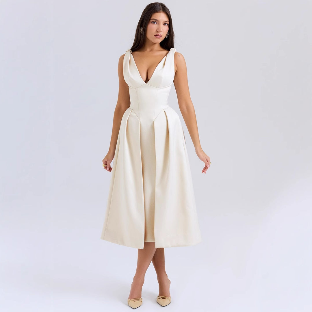 Robe Midi Élégante pour Femmes avec Décolleté en V Rêveur et Pliages Élégants Levoire