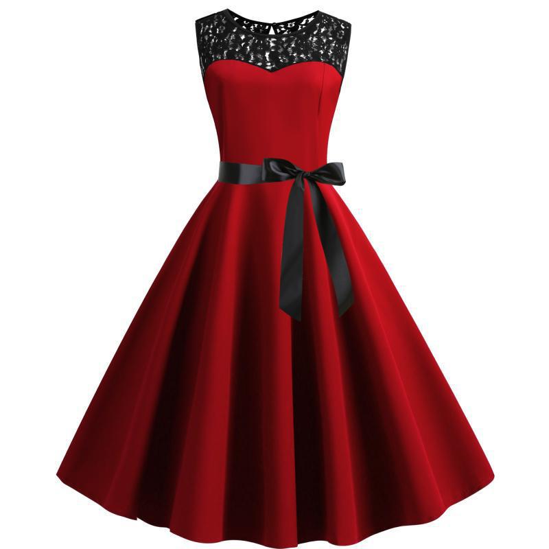 Robe vintage femme en A avec haut en dentelle et ceinture à nouer Levoire