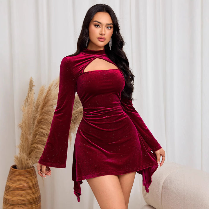 Robe Mini en Velours Élegante pour Femmes avec Coupure Unique et Manches Longues Levoire
