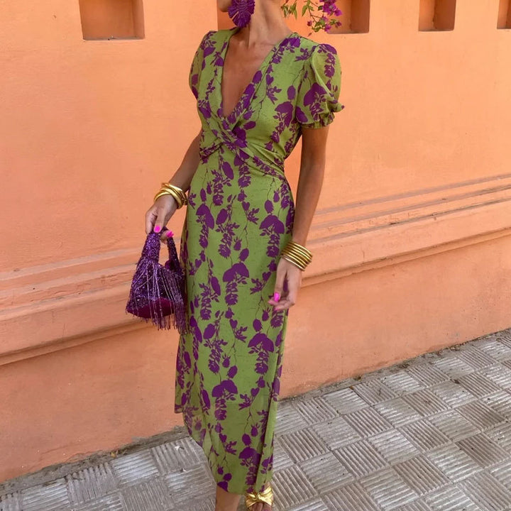 Robe maxi pour femmes avec décolleté en V profond et motif diamant artistique Levoire