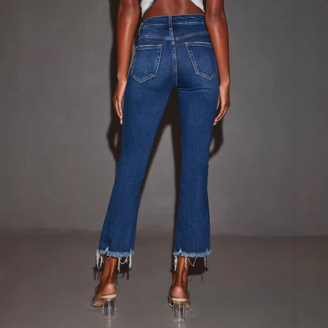 Jeans évasés pour femmes avec ourlet effiloché et effet déchiré à la mode Levoire