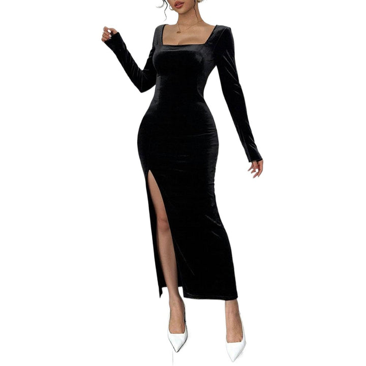 Robe maxi en velours pour femmes avec décolleté en V profond et fente élégante Levoire
