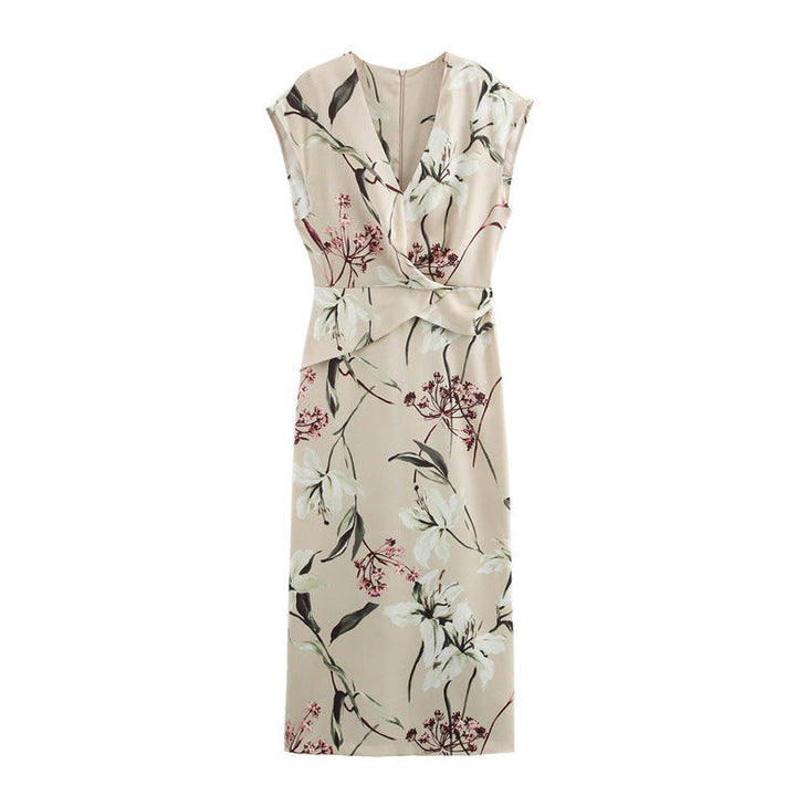Levoire | Élégant Robe Satin Imprimé Col V Couleur