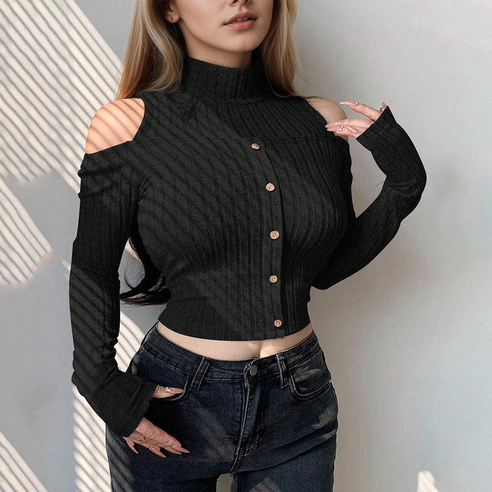 Pull long à manches longues pour femmes, cropped, avec des détails à épaules dénudées et fermeture à boutons Levoire