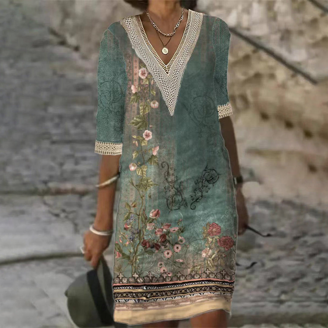Levoire | Robe courte à col V imprimée relaxante 1-Jaune Vert