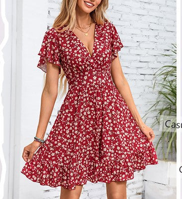 Robe femme à col V avec jupe fluide et détails volantés Levoire
