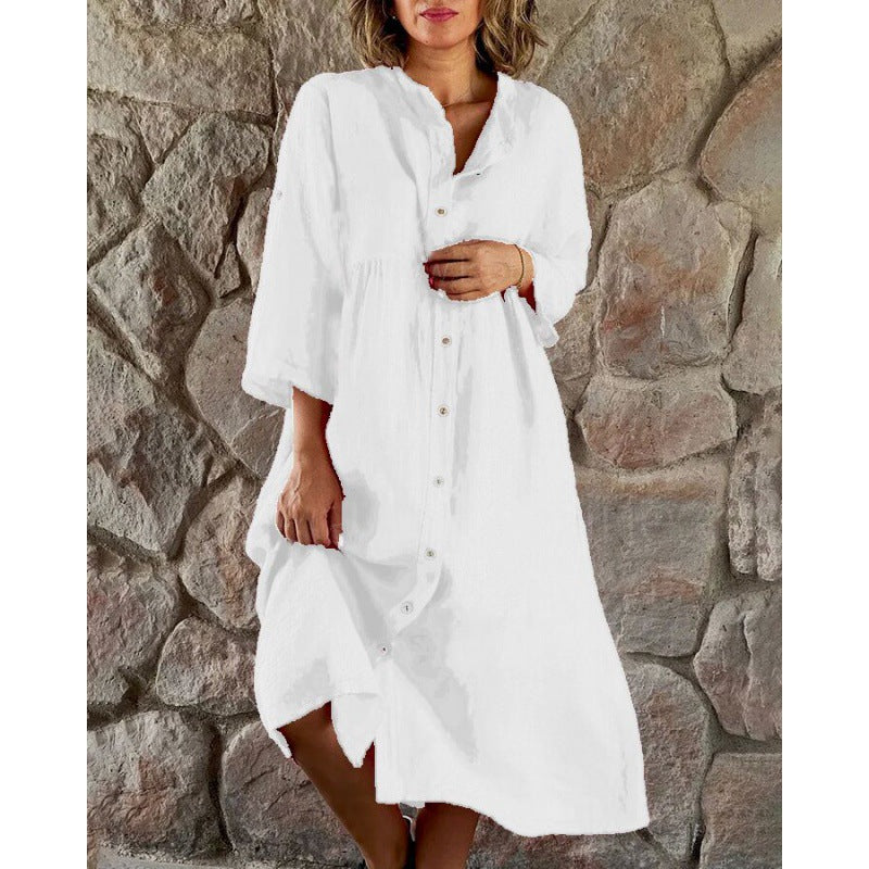 Levoire | Élégant Uni Col montant à manches longues Robe Blanc