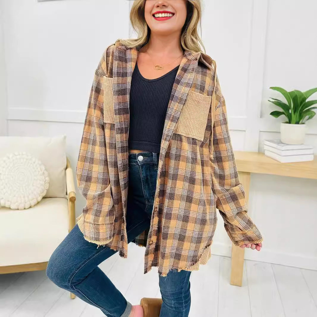 Chemise Veste à Carreaux Oversized pour Femmes avec Détails Frangés Levoire