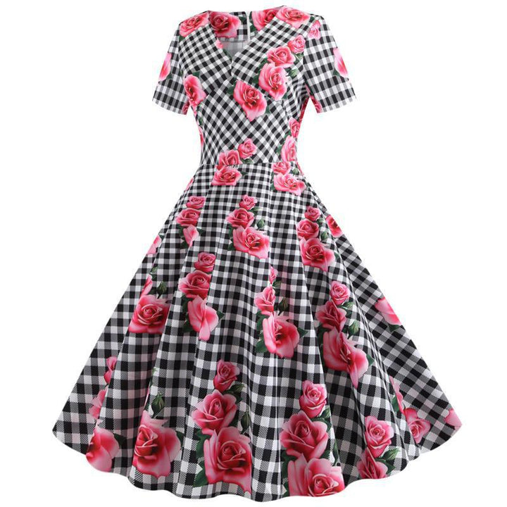 Robe Rockabilly Femme avec Motif Floral à Carreaux Levoire