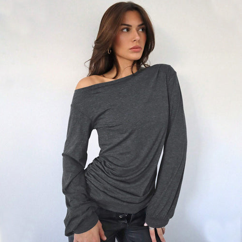 Chemise à manches longues décontractée pour femmes, à épaules dénudées, avec des détails de volants élégants Levoire