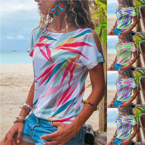 T-shirt pour femme avec coupe asymétrique et motif de feuilles colorées Levoire