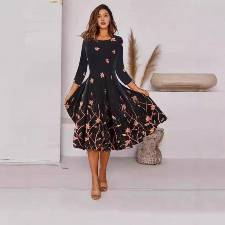 Levoire | Élégante robe imprimée à col rond à manches 3/4