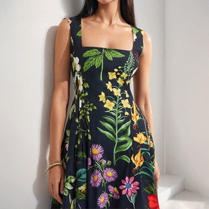 Robe maxi embellie floral pour femmes avec encolure carrée et jupe fluide Levoire