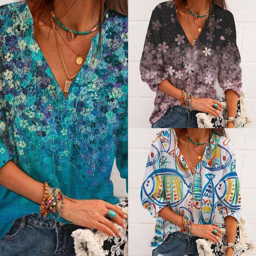 Levoire | T-shirt à imprimé tendance col en V à poignets extensibles à manches trois-quarts