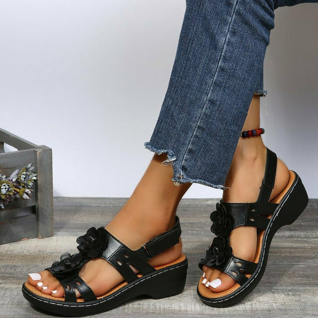 Levoire | Florale 3D Sandales Compensées Noir