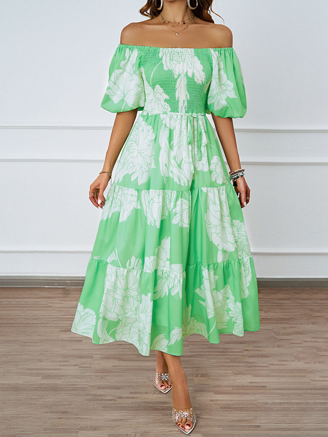 Robe Maxi Femme à Epaule Dégagée avec Manches Volumineuses et Imprimé Levoire