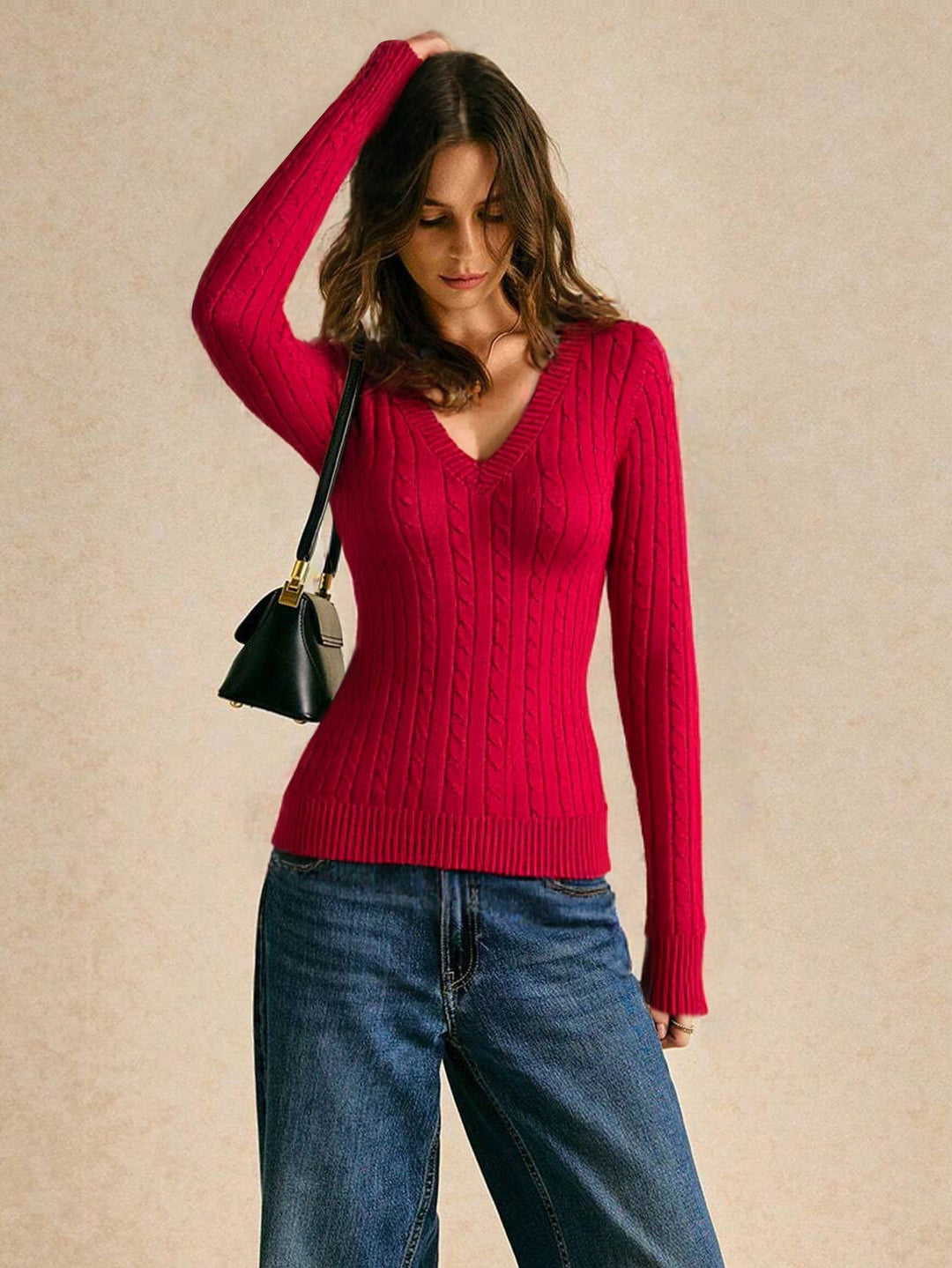 Pull en tricot pour femmes avec décolleté en V et motif en côtes Levoire