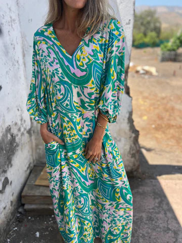 Levoire | Élégante Femmes Printemps Été Imprimé Robe V-Décolleté #1