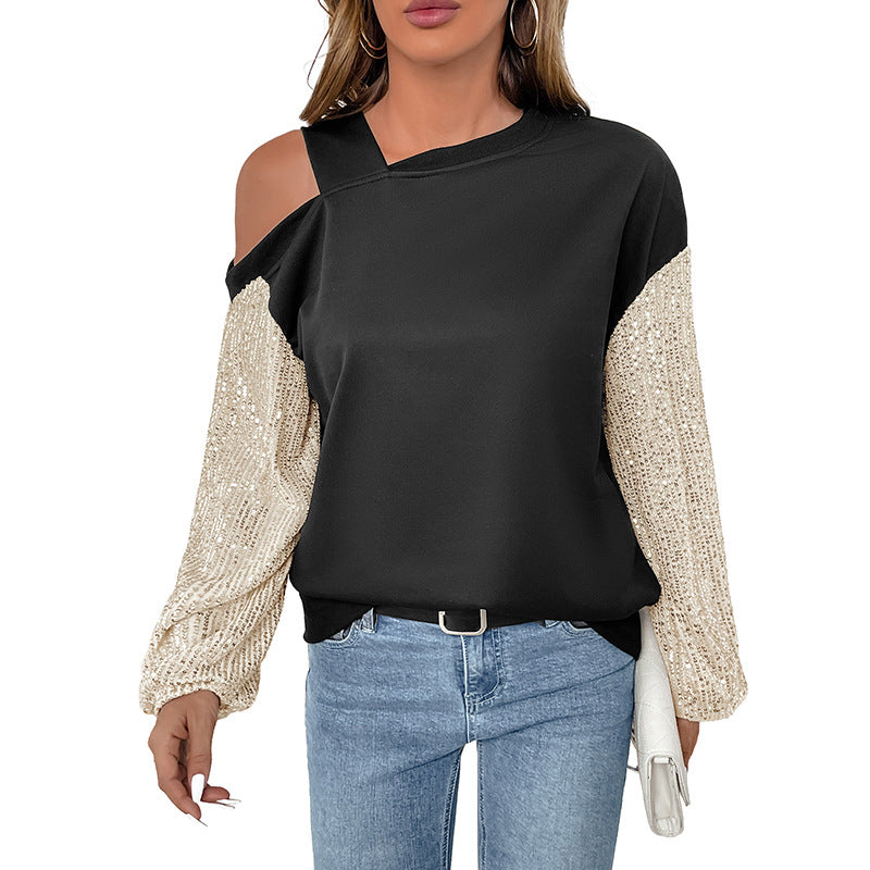 Pull féminin dénudé des épaules avec des manches en sequins glamour Levoire