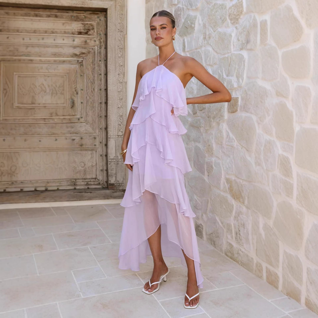 Robe maxi femme avec superposition élégante et volants floraux Levoire
