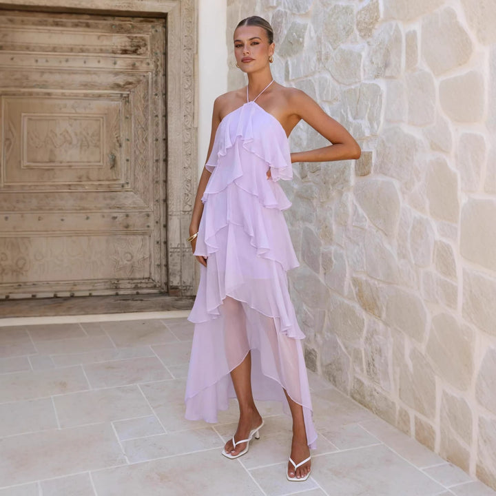 Robe maxi femme avec superposition élégante et volants floraux Levoire