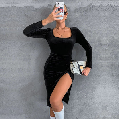 Levoire | Robe Bodycon en velours à col carré décolleté élégant à manches longues noir